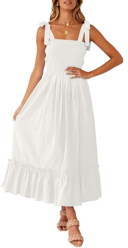 ZESICA Vestido Largo de Verano para Mujer, Estilo Bohemio, con Tirantes Delgados, Cuello Cuadrado, Color Liso, Volantes, Acampanado, para la Playa, Blanco, XS