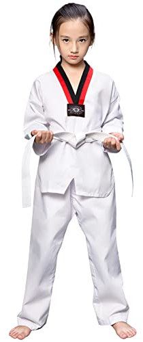 L SERVER Karateanzug Kinder Jungen Bequemer Professioneller Judoanzug Mädchen V-Ausschnitt Taekwondo Anzug mit Gürtel, Weiß A, 110