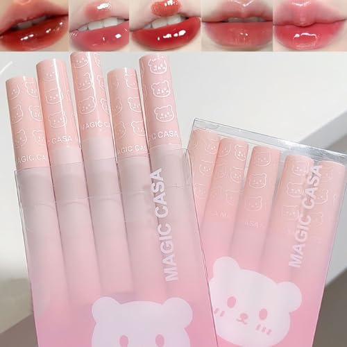 Pakivs 5Pcs Bear Lip Glaze Jelly Lipstick,Liquid Lipstick Cute Bear Lipgloss Moisturizing Lip Stain Plumping Water Mirror Lip Gloss Waterproof Long Lasting Lip Tint