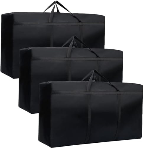 3 Pack 125L Large Clothes Storage Bag, Black Moving Boxes with Dual Zips, Extra Strong 600D Oxford Waterproof Moving Storage Bags for Duvet, Laundry, House Garden Underbed Storage