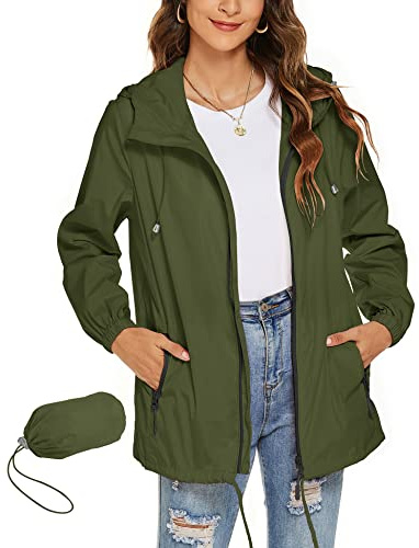 Rapbin, Giacca impermeabile da donna leggera impermeabile giacca a vento sottile impacchetabile, da viaggio, per bicicletta, giacca a vento, verde militare, L