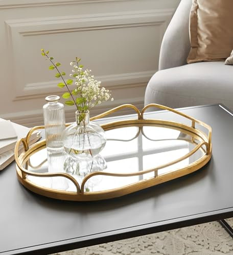 Dekoleidenschaft Spiegeltablett Gold 50x34 cm groß, Tablett mit großer Spiegelfläche, goldenes Metall, Serviertablett oval, Dekotablett,
