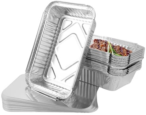 GBACHOOSE - 100 piezas de fuentes de aluminio desechables con tapa de 800ml, fuentes desechables con tapa, fuentes desechables de aluminio, fuentes de aluminio para barbacoa de 21X14X5CM para hornear