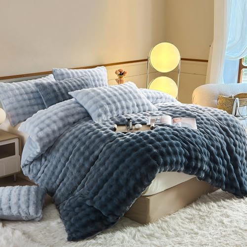 YASMENG Biancheria da letto in peluche, 155 x 220 cm, invernale, calda, gradiente di colore, grigio, blu, peluche a pelo lungo, invernale, soffice, 3 pezzi, con chiusura lampo e 2 federe da 80 x 80 cm