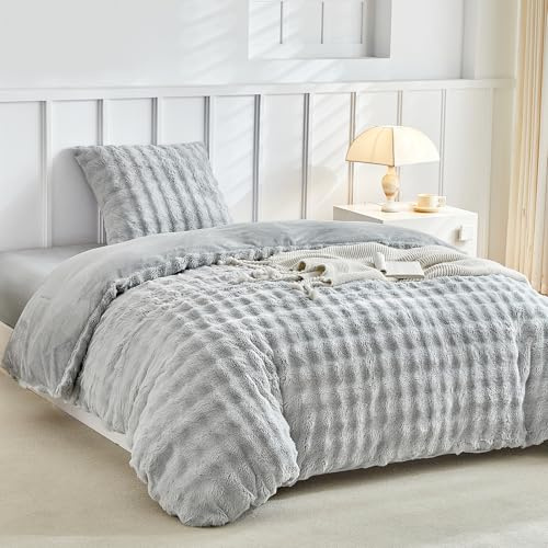 Lekesky Plüsch Bettwäsche 135x200 - Flauschige Bettwäsche aus Flauschig Kaninchenfellimitat - Grau Winterbettwäsche 135x200 mit Reißverschluss und 1 Kissenbezug mit Reißverschluss 80x80cm