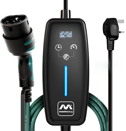 Masterplug EV Charging Cable for Electric and Hybrid Vehicles, 5 Metres, Mode 2, Delay Charging Function, 3 Pin UK Plug to Type 2 Car Charger, Language Options, 2.4kW, EVCM221005-MP2