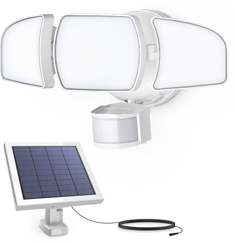 Feit Electric Outdoor LED Triple Head Solar Security Flood Lights with Motion Sensor, Dusk-to-Dawn Sensor, 3000 Lumens Floodlight, 5000K Daylight, No Hardwiring Needed, S13TFL/3000MOTSOL/WH