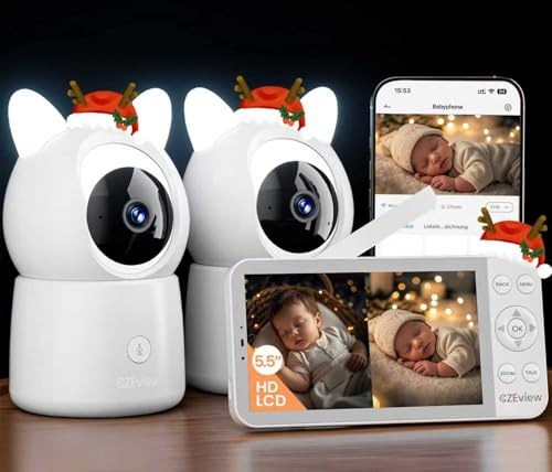 CZEview Videobabymonitor med 2 2.5K/4MP Kamera, 5,5-Tums stor LCD-Skärm, Mörkerseende & Nattlampa, 360° Babyvakt, Vaggvisor, Rörelse-, Ljud- & Temperaturdetektering, Realtidsvarningar