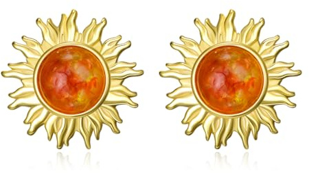 Pendientes de sol, plata de ley 925, pendientes de sol dorados con perlas de ámbar, regalos para mujeres y niñas, 13*13, Plata de ley, Ámbar