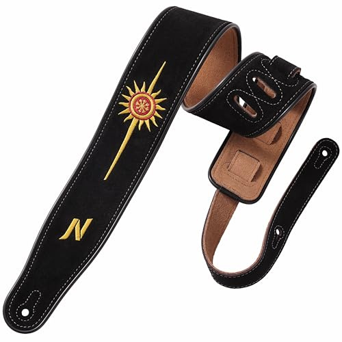 Nefelibata Golden Sun Sangle de guitare double couche en cuir de vachette bavarois avec rembourrage en mousse pour enfants, hommes et femmes, guitares acoustiques, basses et électriques 6,8 cm de