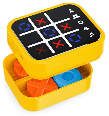 Anoawens Rechargeable Tic Tac Toe Game Box with 5 Fun Brain and Memory Games, Compact Handheld Puzzle Game Console, Portable Travel Game for All Ages 3+ (Yellow)