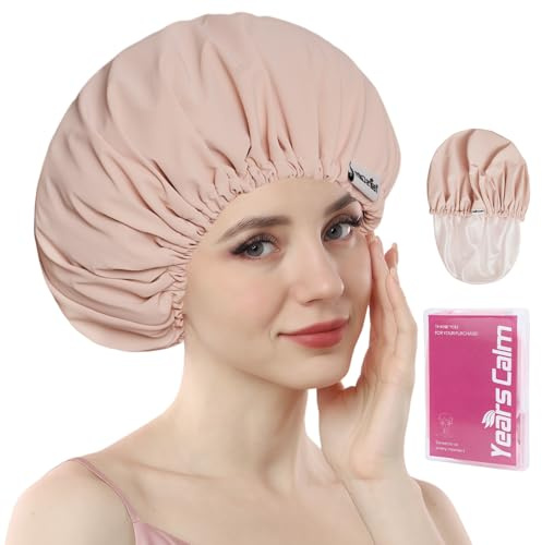 Years calm Shower Cap Reusable Waterproof, Double-Layer Hair Cap, with Elastic Band, Ideal for Shower, Spa, Travel & Cleaning (Light pink, One Size)
