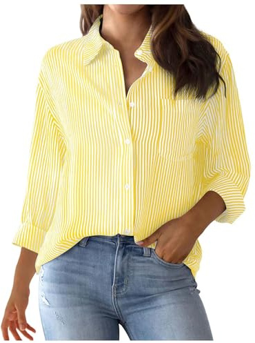 2025 - Top de cárdigan a rayas para mujer Camisa informal de manga larga blusa blusa S mujer manga corta, amarillo, L
