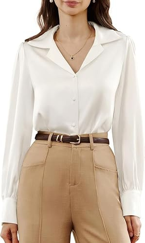 Belle Poque Chemisier en satin et soie pour femme à manches longues avec col en V boutonné pour le travail et le bureau - Chemisiers élégants, blanc, L