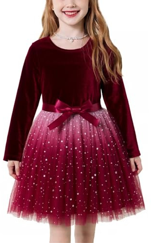 SEAUR - Abito in Velour per Bambine a Maniche Lunghe, Principessa, Abito in Tulle per Feste di Natale con Paillettes e Fiocco a Farfalla, 2-7 Anni, rosso, 5-6 Anni