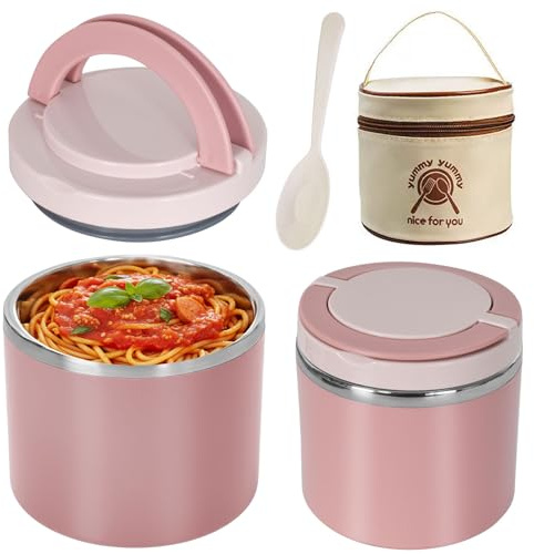 Zimoer 630ML Thermos per Alimenti in Acciaio Inox, Contenitore Termico per Alimenti con Borsa Isolata e Cucchiaio, Antigoccia per Scuola e Ufficio (Rosa)