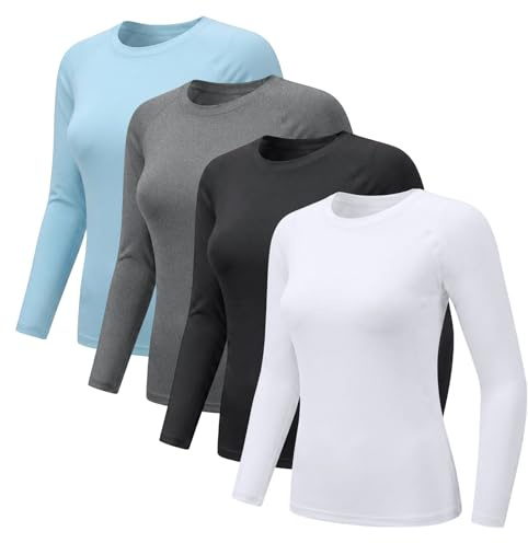 NuCamper 4 Pack Damen Langarmshirt Damen Unterziehshirt Rundhalsausschnitt Langarm Unterhemd Thermoshirt (FR/ES, Letras, L, Regular, Regular, Negro+Blanco+Gris+Azul)