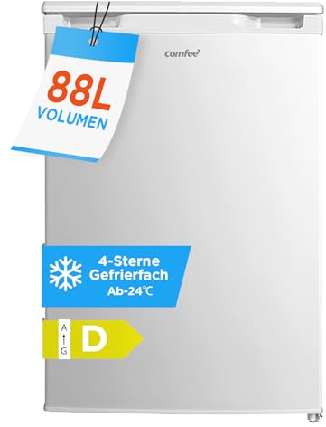 COMFEE RCU83WH3EU(E) 88L Gefrierschränke mit Inverter-Kompressor, D‑Energieeffizienz, -24°C 4-Sterne-Gefrieren, Leise 39 dB, Gefrierschrank klein 55 cm Breite, 3 Fächer für Küchen Büros-Weiß