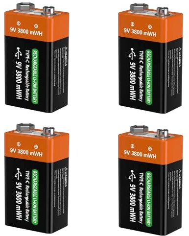 TAYUZH Pilas recargables de iones de litio de 9 V, 3800 mWh, tipo C, 4 unidades, para detectores de humo, micrófonos y alarmas