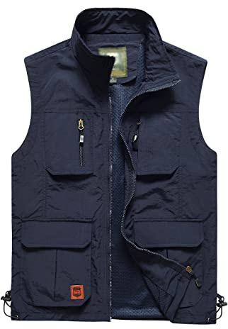 Gnveub Gilet de pêche pour homme - Séchage rapide - Fermeture éclair - Réversible - Avec plusieurs poches, bleu marine, XX-Large