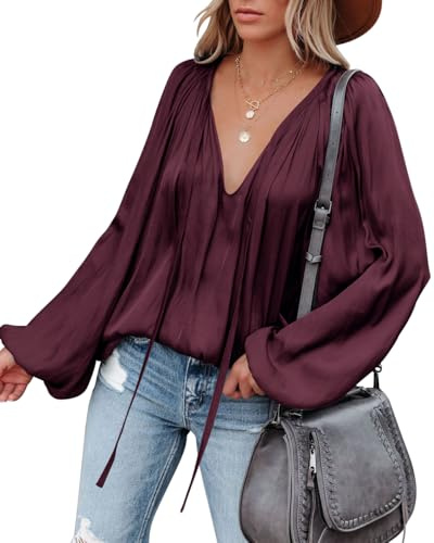 LAMISSCHE Womens Sexy Deep V Neck Blouse Lantern Long Sleeve Chiffon Shirt Oversized Drawstring Silk Satin Tunic(Dark Wine,XL)