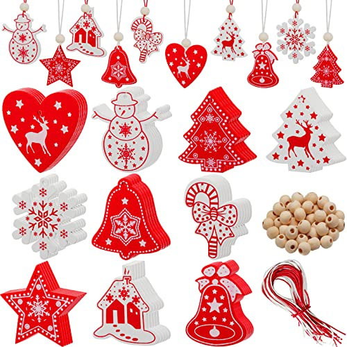 Annhao 50 Pezzi Ornamenti Natalizi in Legno da Appendere, Addobbi Pendenti, per Decorazioni Albero di Natale Fai da Te (Bianco + Rosso)