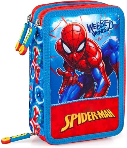 L'ERBAVOGLIO - SPIDERMAN - ASTUCCIO SCUOLA 3 ZIP ORIGINALE SPIDERMAN - COMPLETO DI 44 PEZZI - PRODOTTO UFFICIALE (ROSSO/AZZURRO)