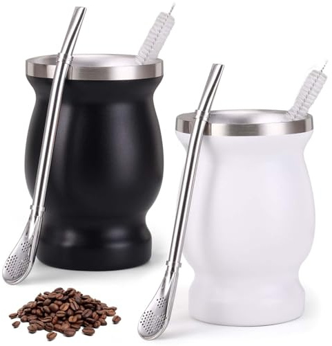 2 mate muggar med sked och rengöringsborste, rostfritt stål te-set Yerba Mate diskmaskin säker och hållbar för kök, restaurang, café (svart och vit)