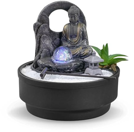 Fontaine d'Intérieur Jardin Zen, Fontaine Cascade Jarre, Lumière LED Coloré, Décoration Ambiance Relaxant, Jardin Zen Sable Blanc, Fontaine de Table Circuit fermé, H21 cm - Sumana Zen’Light