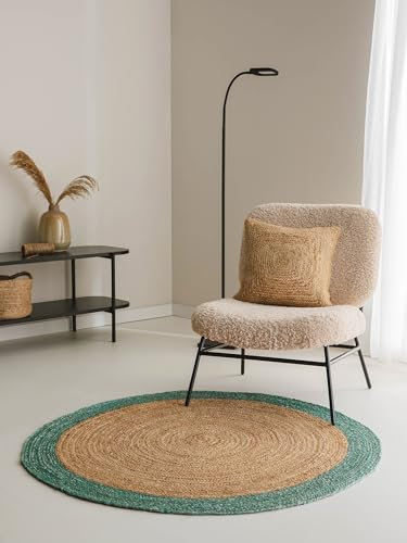 benuta Jute Teppich Jutta Türkis - Rund 115 cm - Handgewebter Wohnzimmerteppich - Natürliches Design - Für Fußbodenheizung geeignet