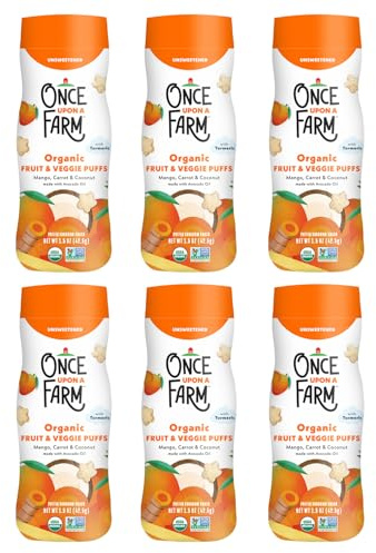 Once Upon A Farm Mango, Coconut & Carrot Puffed Sorghum Snack, Fruit & Veggie Puffs, Non GMO, 1.5 Ounces (Pack Of 6)