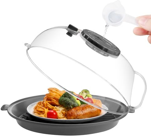 Microwave Splatter Cover Lid for Food 10.5 Inch with Water Steamer, Clear Microwave Splash Guard Cooker Lid with Plate, Dish Bowl Plate Serving Cover Cookware High Transparent Plastic Grey