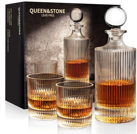 Carafe à décanter nervurée de 765,4 g avec 2 verres, idée pour liqueur écossaise, whisky, vin, cadeau pour homme et femme, père, collègue, ami