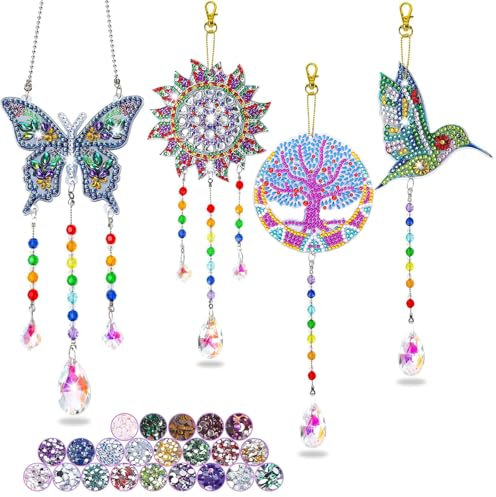 Diamond Painting ab 5 6 7 8 9 10 11 12 Jahre Spielzeug Sonnenfänger Windspiel Bastelset Anhänger Kinder Basteln Mädchen Geschenk DIY 5D Windspiele zum Aufhängen, Schmetterling+Vogel+Sonne+Baum