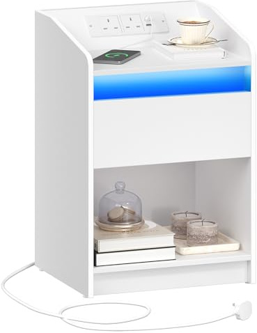 Hzuaneri Bedside Table with LED Light, Bedside Cabinet with Charging Station, 1 Storage Drawer Nightstand for Bedroom, Living Room, 2 USB Port, 2 Outlets, Open Compartment, White NS04703X1UK