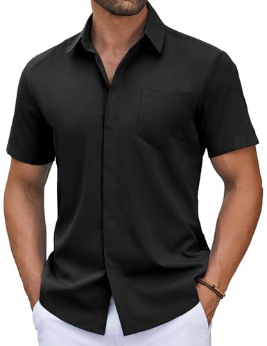COOFANDY Chemises pour Hommes Manches Courtes sans Repassage Chemise Décontractée Chemise d'Été Légère Chemises Boutonnées Hommes Chemise de Plage Décontractée Chemise d'affaires avec Poche Noir M