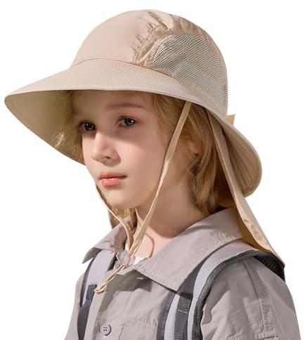 Sombrero de Sol para Niños con Protector Cervical UPF50+ Gorra de Sol Transpirable Ajustable con ala Ancha Sombrero de Playa de Protección Solar para Bebe 3-8 Años Beige