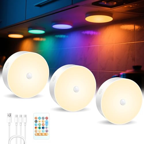 IHALO LED batteri skåpbelysning med fjärrkontroll USB-uppladdningsbar inbyggd lampa, RGB vitrinbelysning LED rörelsedetektor magnetisk trådlös spot timerfunktion för sovrum, kök (förpackning med 3)