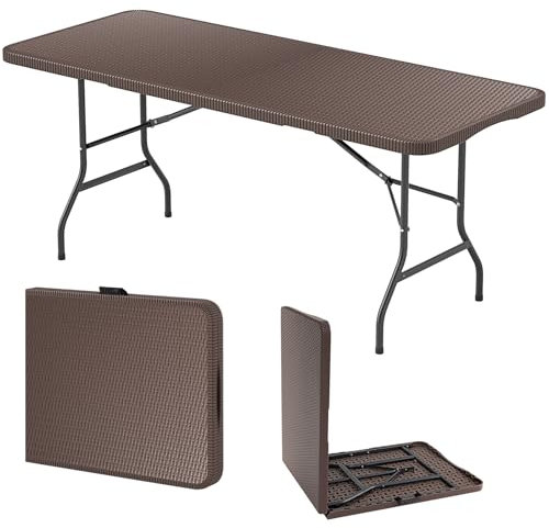 GIANTEX Tavolo da pranzo pieghevole in plastica, effetto rattan e gambe in metallo, 180 x 74 x 75 cm, tavolo portatile per campeggio, picnic, barbecue, giardino
