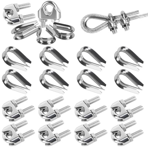 Prmape 16 Pezzi Morsetti per Cavo Acciaio, 8pcs Morsetti per Filo Stendibiancheria 8mm, a Forma di U Morsetti per Fune Metallica e 8pcs Ditale Cavo Acciaio per Fune Metallica 8mm