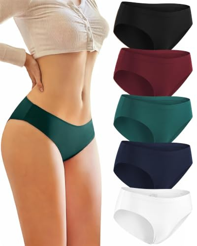 TDONE Seamless Knickers for Women, Low Rise No Vpl Knickers Ladies Seamless Womens Underwear Multipack Breathable Stretchy Invisible Hipster Panties (5 Pack),Black/Blue/Red/Green/White, S