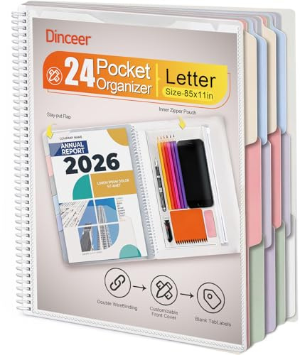 24 Pocket Project Organizer Folder by Dinceer, Letter Size Expandable File Organizer with 12 Color Dividers, Quick View Clear Cover Pocket, Inner Zipper Pouch, Heavy Duty Plastic