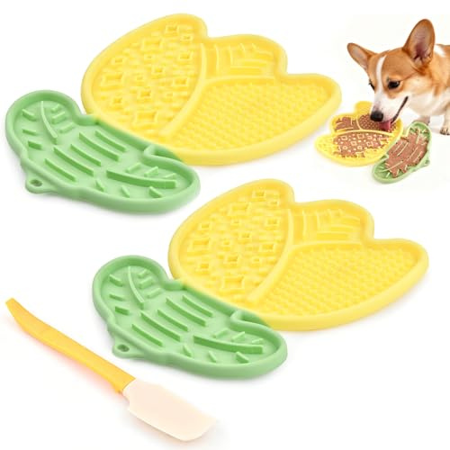 2 Pièces Tapis de Lèche Chien en Silicone, Alimentation Coussin à Lécher avec Ventouse Anti-Glisse et Spatule, Réduit l'Anxiété pour Bain, Entraînement et Toilettage