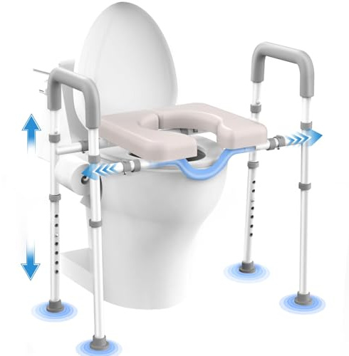 Elevador de Inodoro con Brazos Inclinado 25° – Asiento Ajustable en Altura y Anchura para Personas Mayores y Discapacitados, Acolchado Reforzado Antideslizante, Capacidad 181 kg