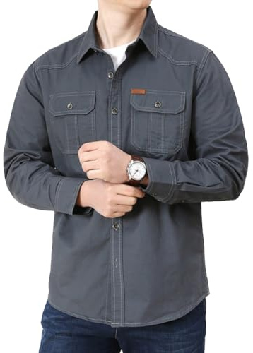 Camisas de Trabajo de Algodón para Hombre, Camisa de Militar de Manga Larga con Botones Ropa Cargo, 2 Bolsillos, Regular Fit para Pesca, Tala, Senderismo, Caza，Gris，L