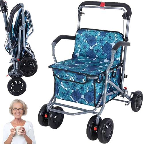 Multifunktionell rullande rullator med säte och bromsar, 360° svängbara hjul, bärbar hopfällbar shoppingvagn, stöder upp till 100 kg