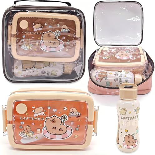 MIFKLMV Capybara Scatole Bento Set, 800ml Capybara Porta Pranzo e Borraccia 400ml, Pranzo con Scomparti, Portapranzo Portatile, per Viaggi, Lavoro, Scuola