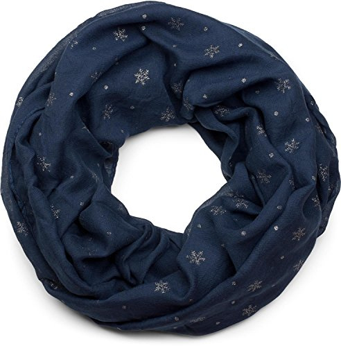 styleBREAKER Echarpe femme loop avec flocons de neige scintillants imprimés, écharpe tube douce unie, foulard 01017064, couleur:Bleu foncé
