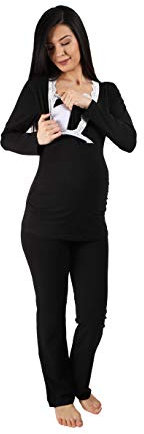 Still-Pyjama Set mit Spitze für Damen - Umstandspyjama Schlafanzug Nachtwäsche für Schwangerschaft und Stillzeit mit Stillfunktion, Langarm (Schwarz, Medium)