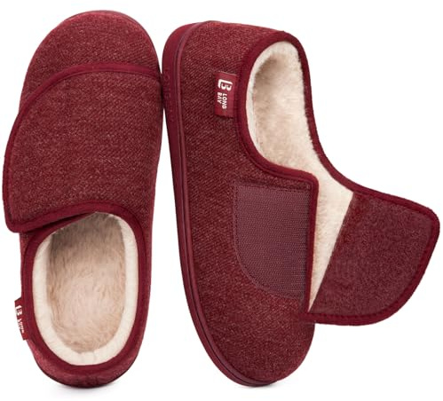 LongBay Women's Wide Fit Slippers Comfy and Cozy Memory Foam Indoor House Shoes for Diabetic Arthritis and Edema Wine Red,7